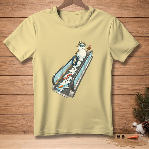 Snowman with sunglasses and hat rides escalator with luggage and drink.