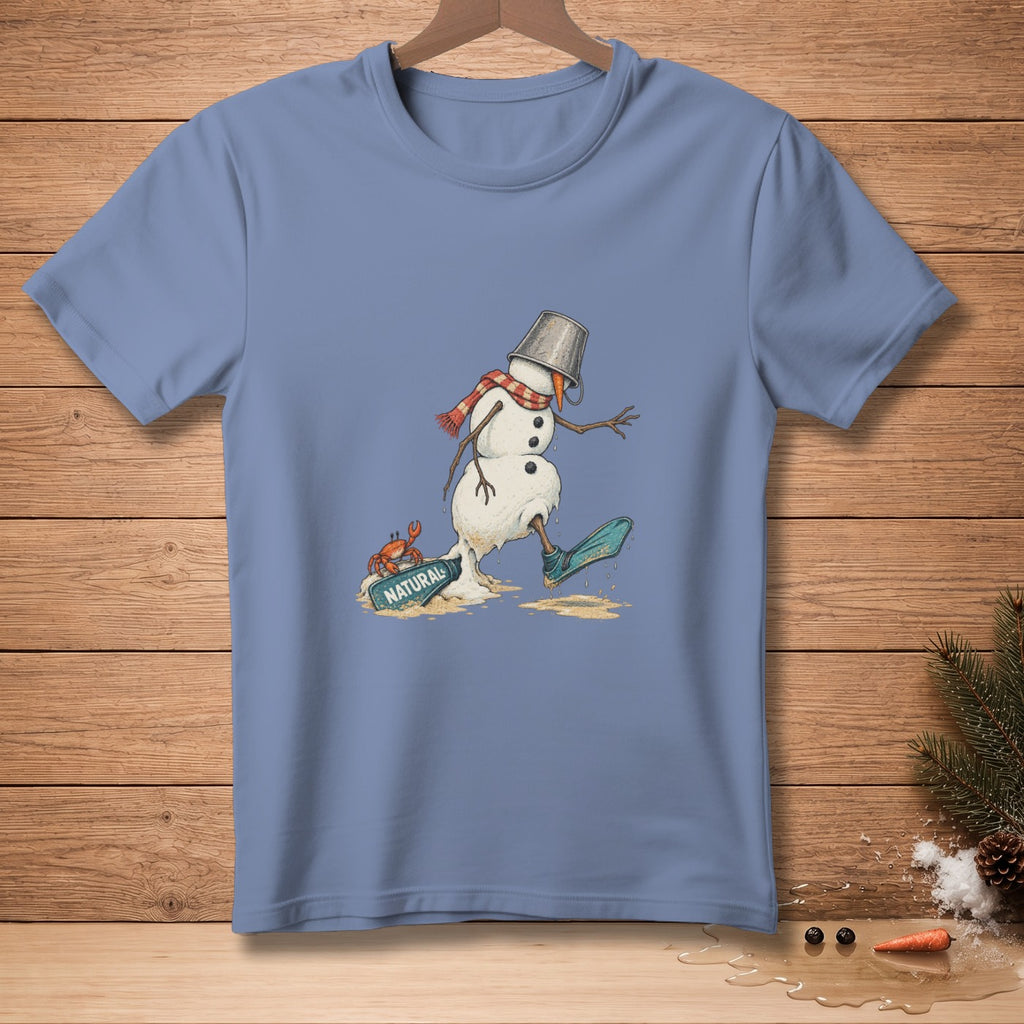 Melting snowman with bucket hat, scarf, and flipper on blue t-shirt.