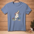 Melting snowman with bucket hat, scarf, and flipper on blue t-shirt.