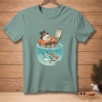 Snowman in life vest holding "No Melting" sign in water with melting snowman parts.