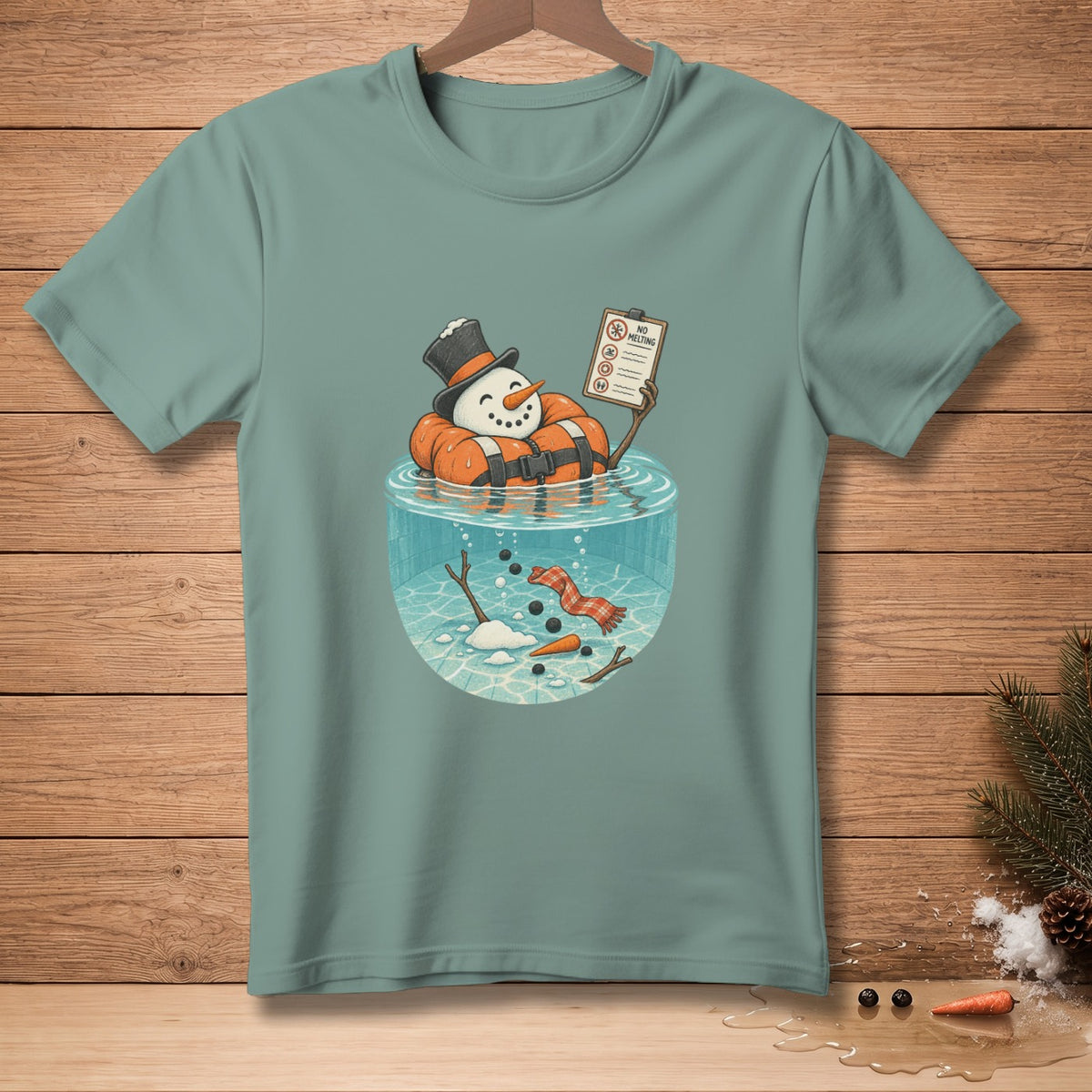 Snowman in life vest holding "No Melting" sign in water with melting snowman parts.