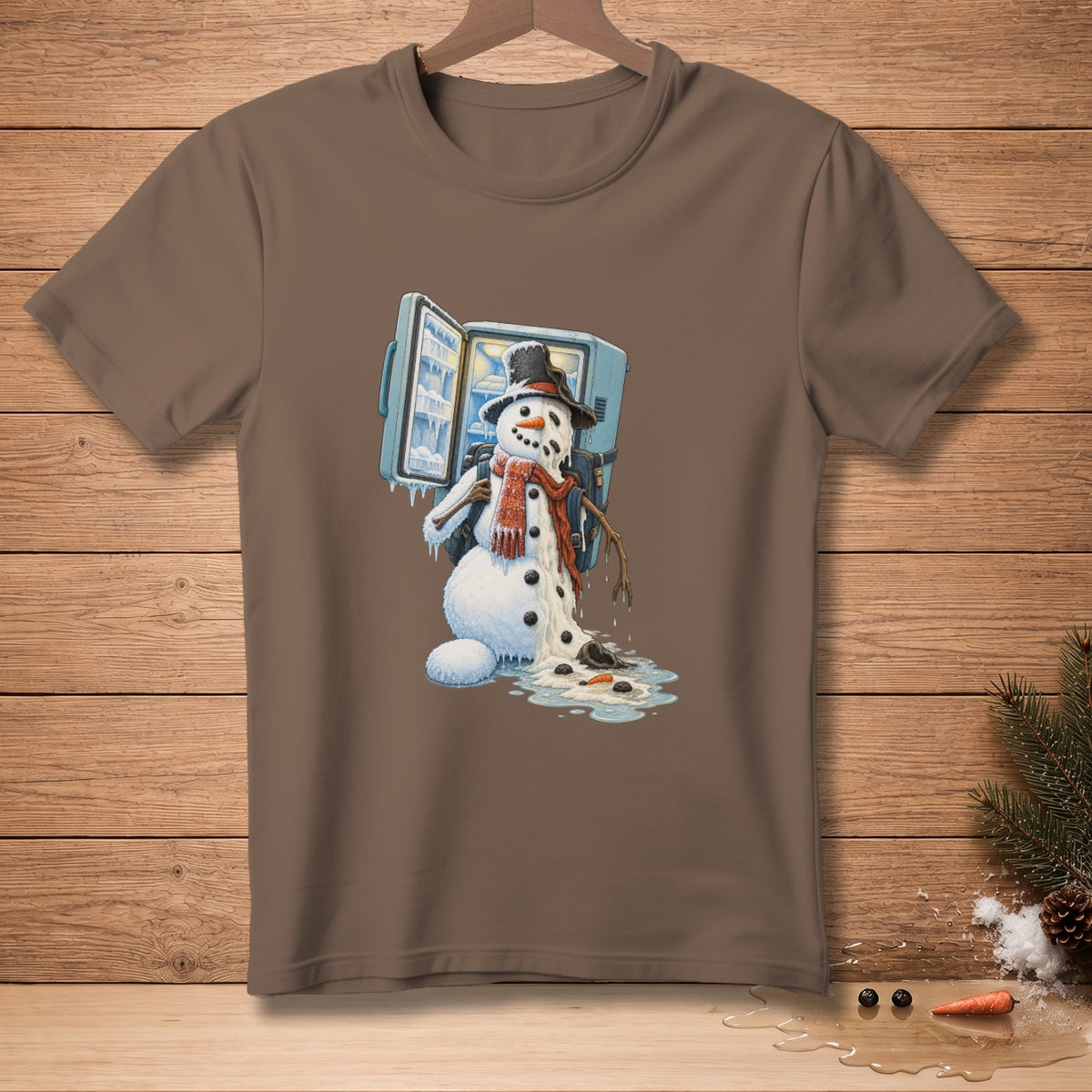 Brown t-shirt featuring a melting snowman with a freezer and a scarf.