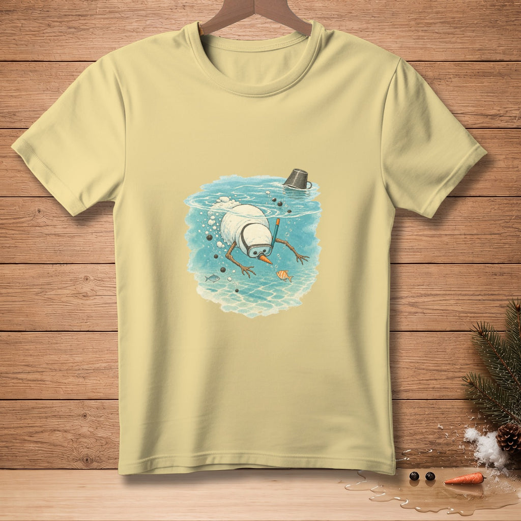 Light yellow t-shirt with a graphic of a snowman snorkeling underwater.