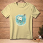 Light yellow t-shirt with a graphic of a snowman snorkeling underwater.