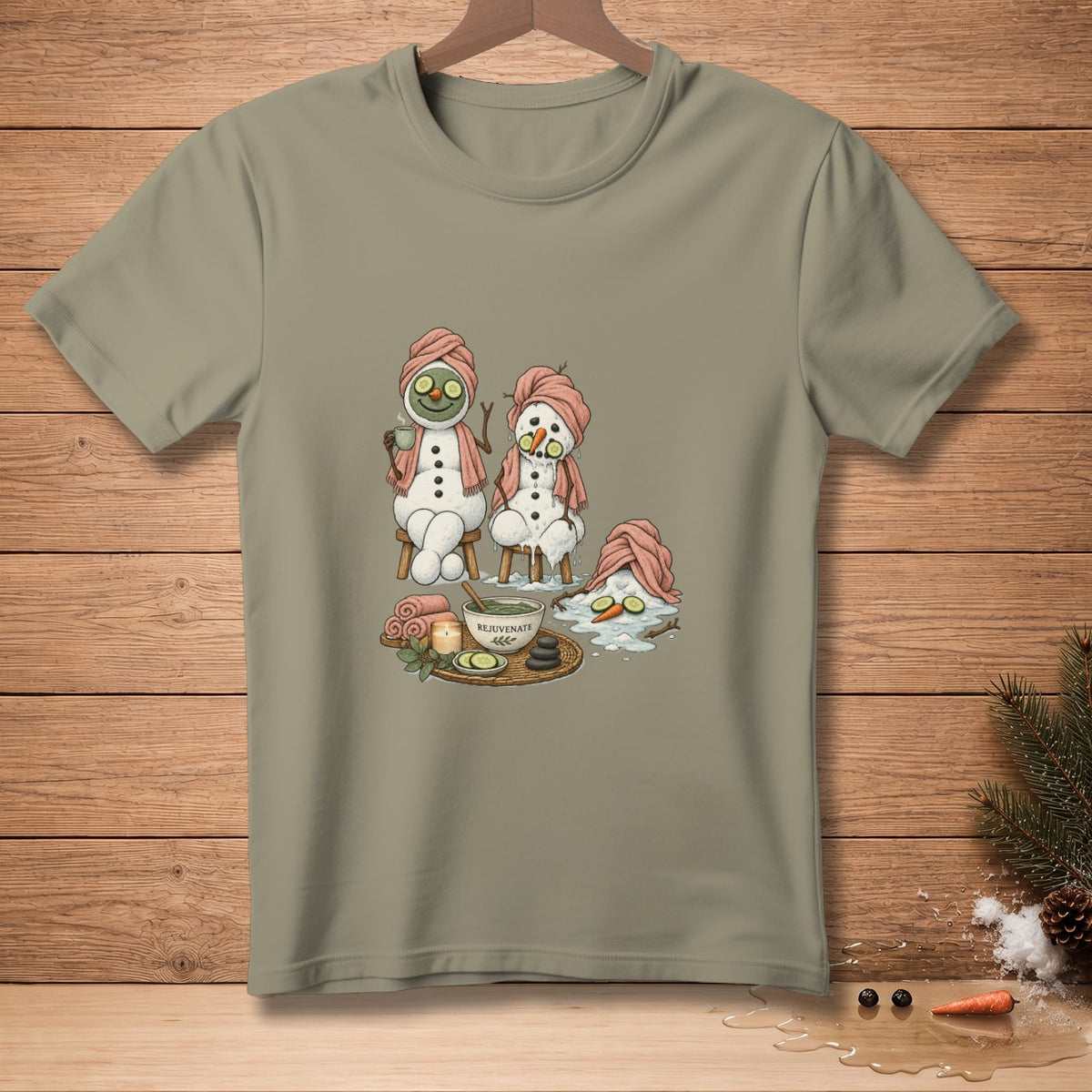 Three snowmen enjoying a spa day with cucumber slices, hot stones, and a bowl labeled "Rejuvenate."