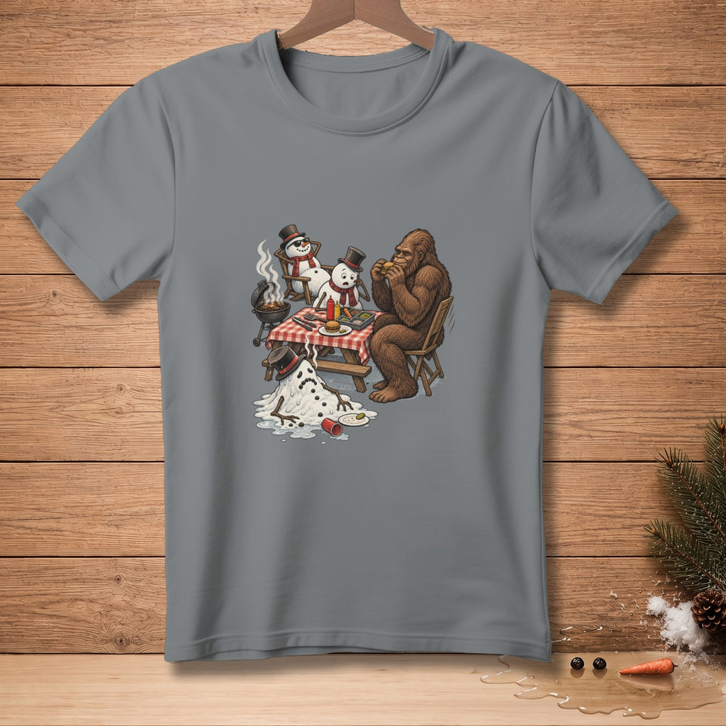 Bigfoot and snowmen having a barbecue with a melting snowman.
