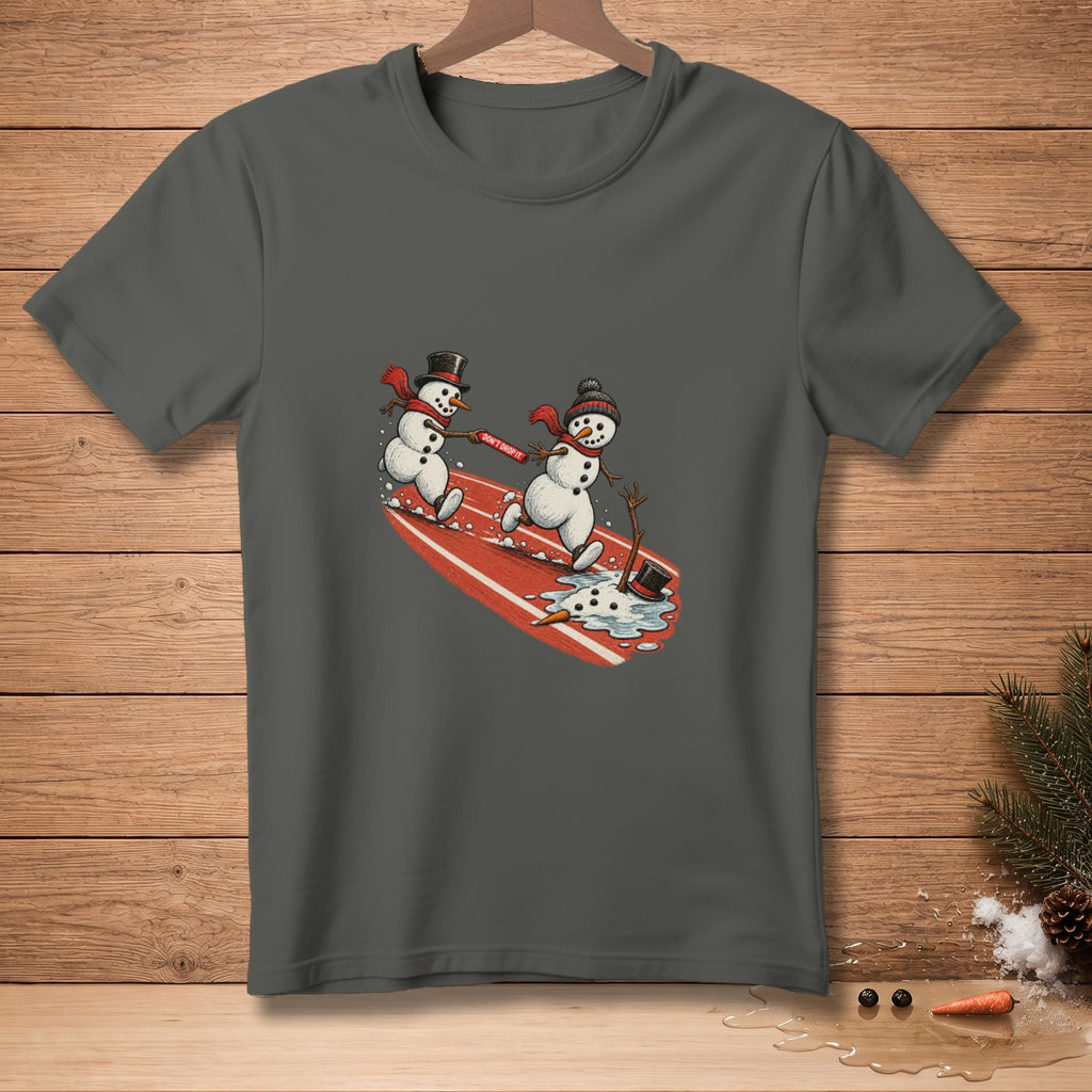Two snowmen on a red sled with text "DON'T DROP IT."