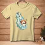 Snowman sliding down water slide with "Safety Device" headband splashing water.