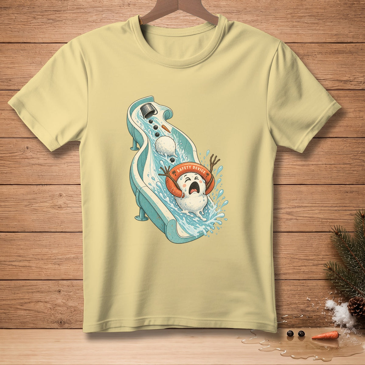 Snowman sliding down water slide with "Safety Device" headband splashing water.