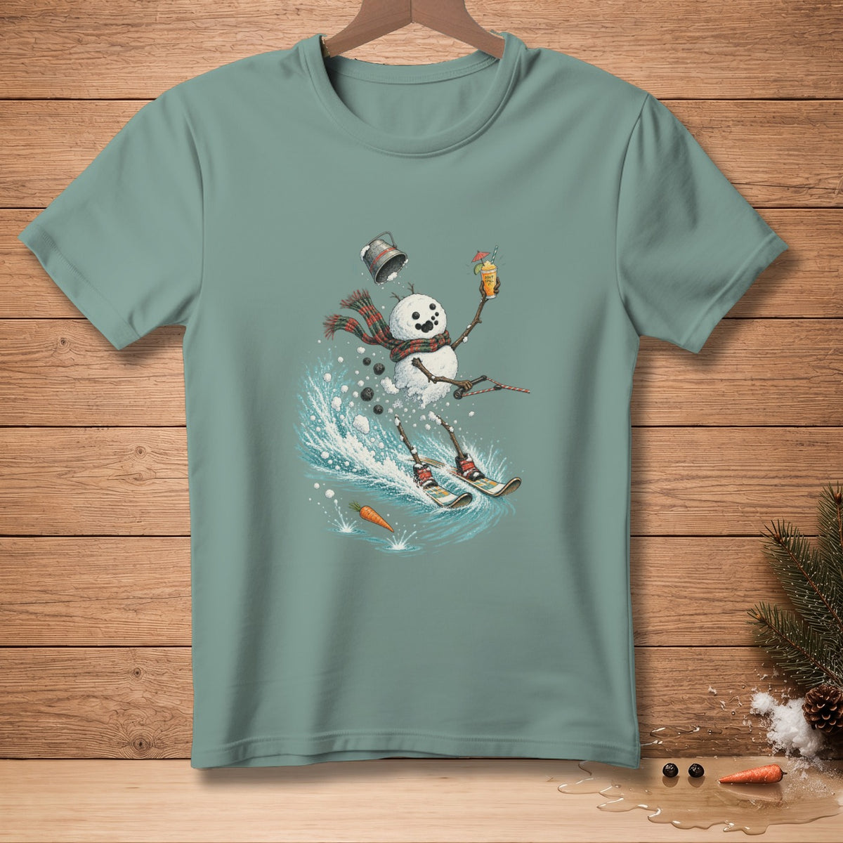 Snowman skiing with a drink and a bucket flying off.