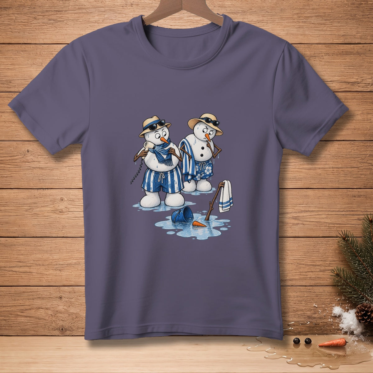 Two melting snowmen in swim trunks and hats stand in puddles of water.