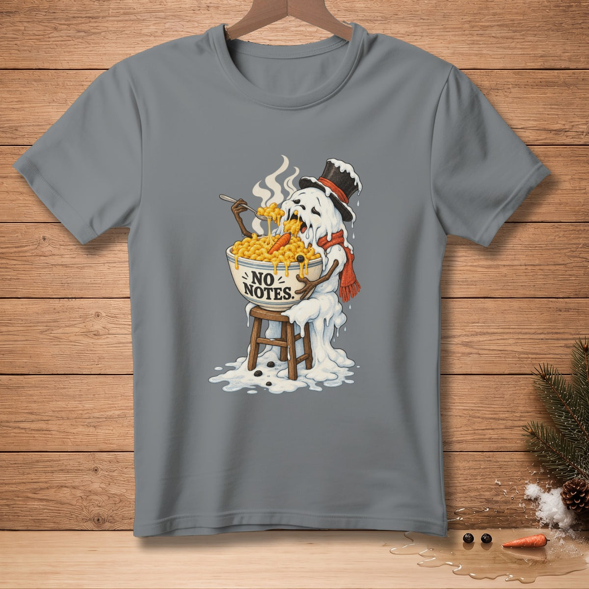 Melting snowman eating macaroni and cheese with text "NO NOTES."