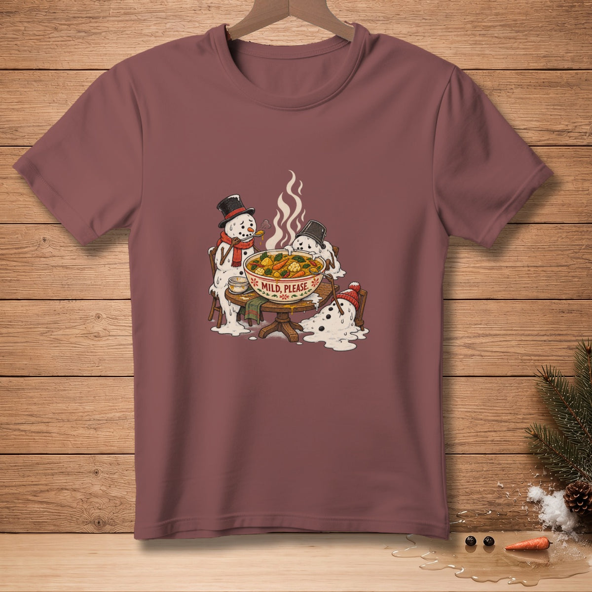Snowmen melting near a bowl of stew, with text "MILD, PLEASE."