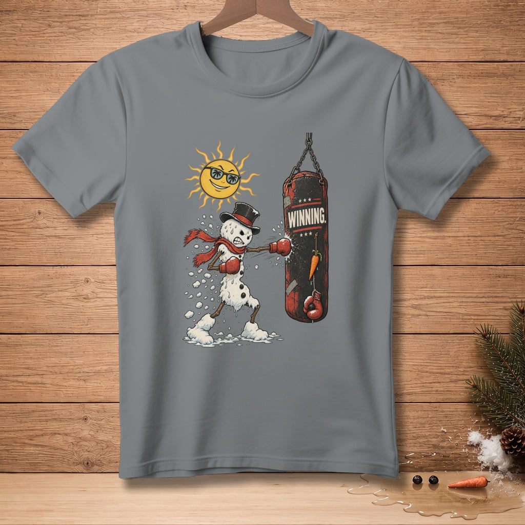 Snowman wearing boxing gloves punches a "WINNING" punching bag with a smiling sun.