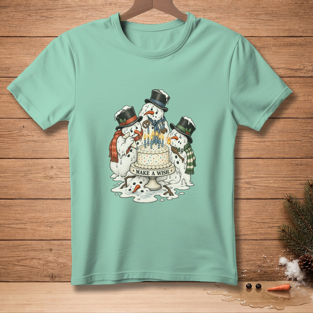 Three melting snowmen gather around a birthday cake with lit candles, text reads "Make a Wish".