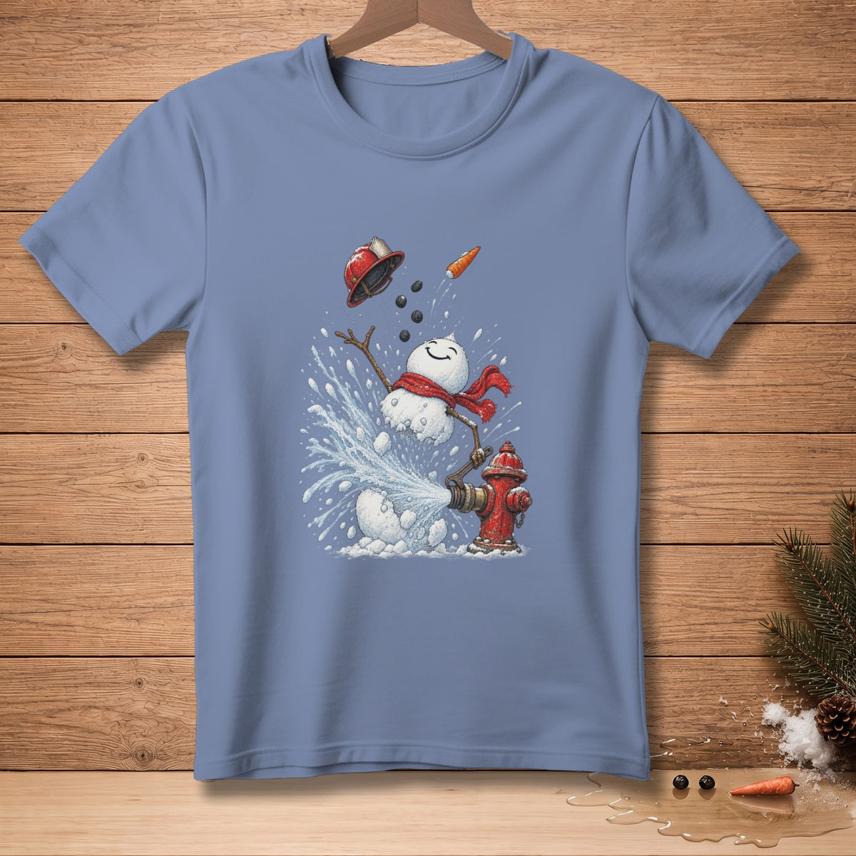 Snowman with a red scarf spraying water from a fire hydrant.