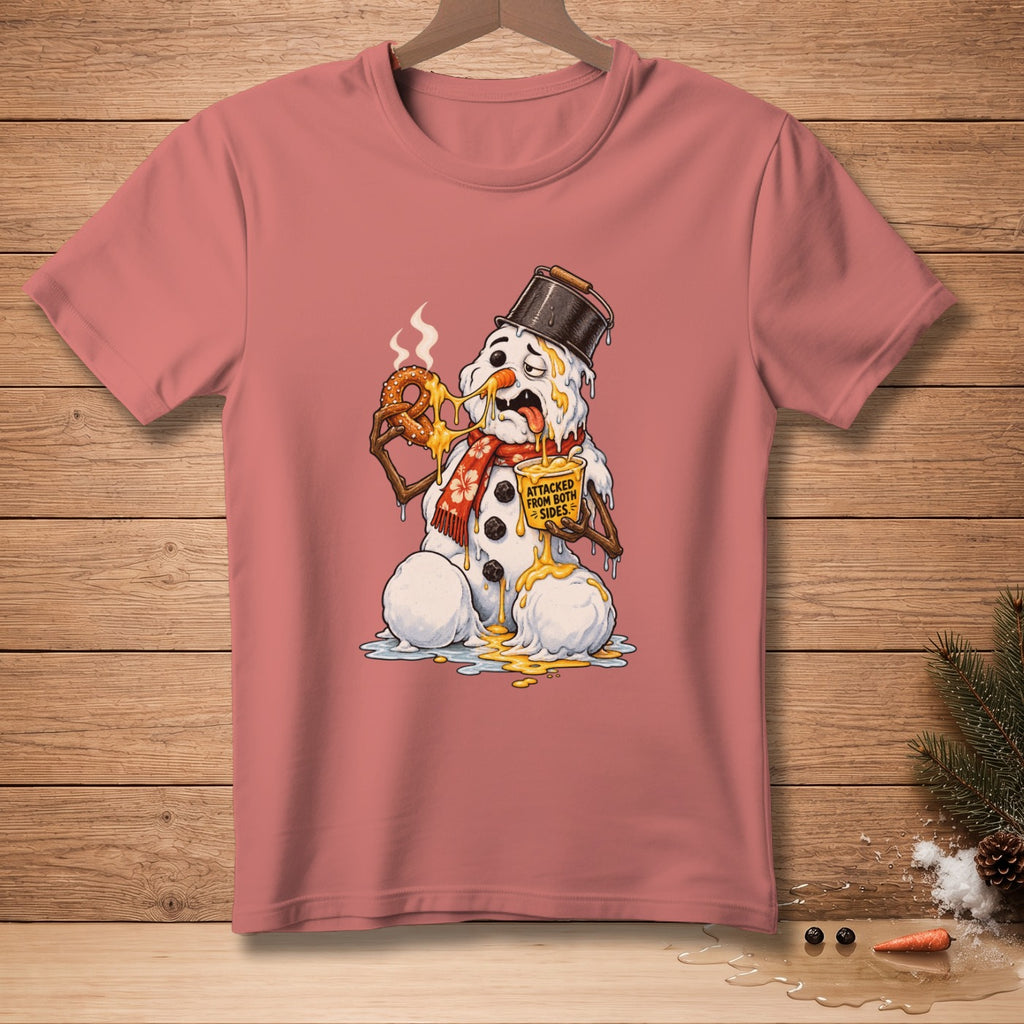 Melting snowman in a bucket hat eating a pretzel, text "ATTACKED FROM BOTH SIDES".