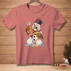 Melting snowman in a bucket hat eating a pretzel, text "ATTACKED FROM BOTH SIDES".