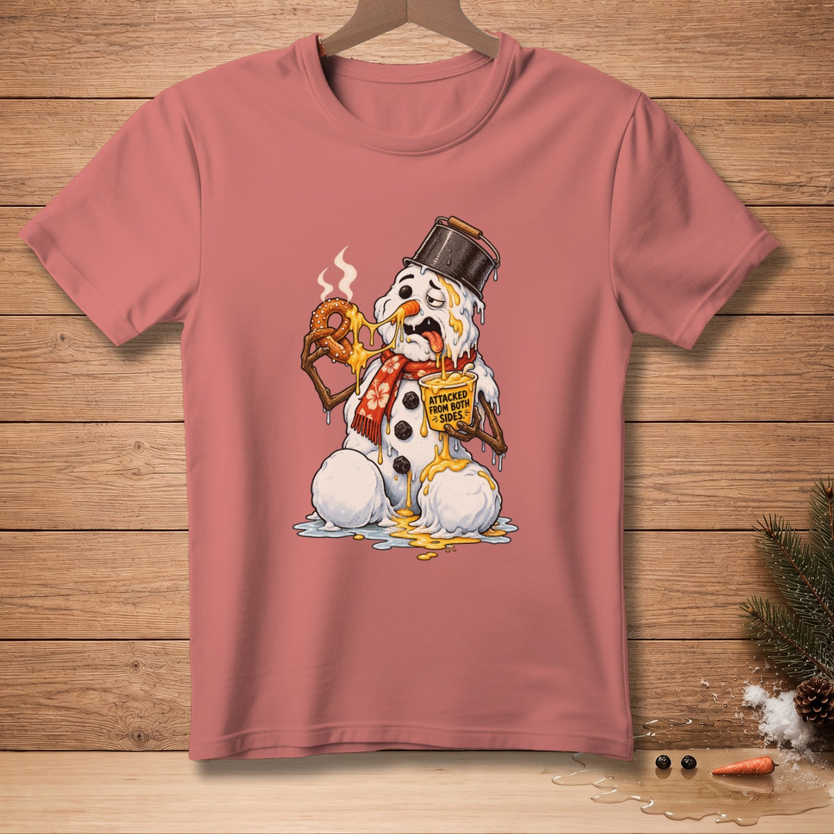 Melting snowman in a bucket hat eating a pretzel, text "ATTACKED FROM BOTH SIDES".