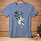 Snowman on zipline holding snow globe with text "Must be Nice".