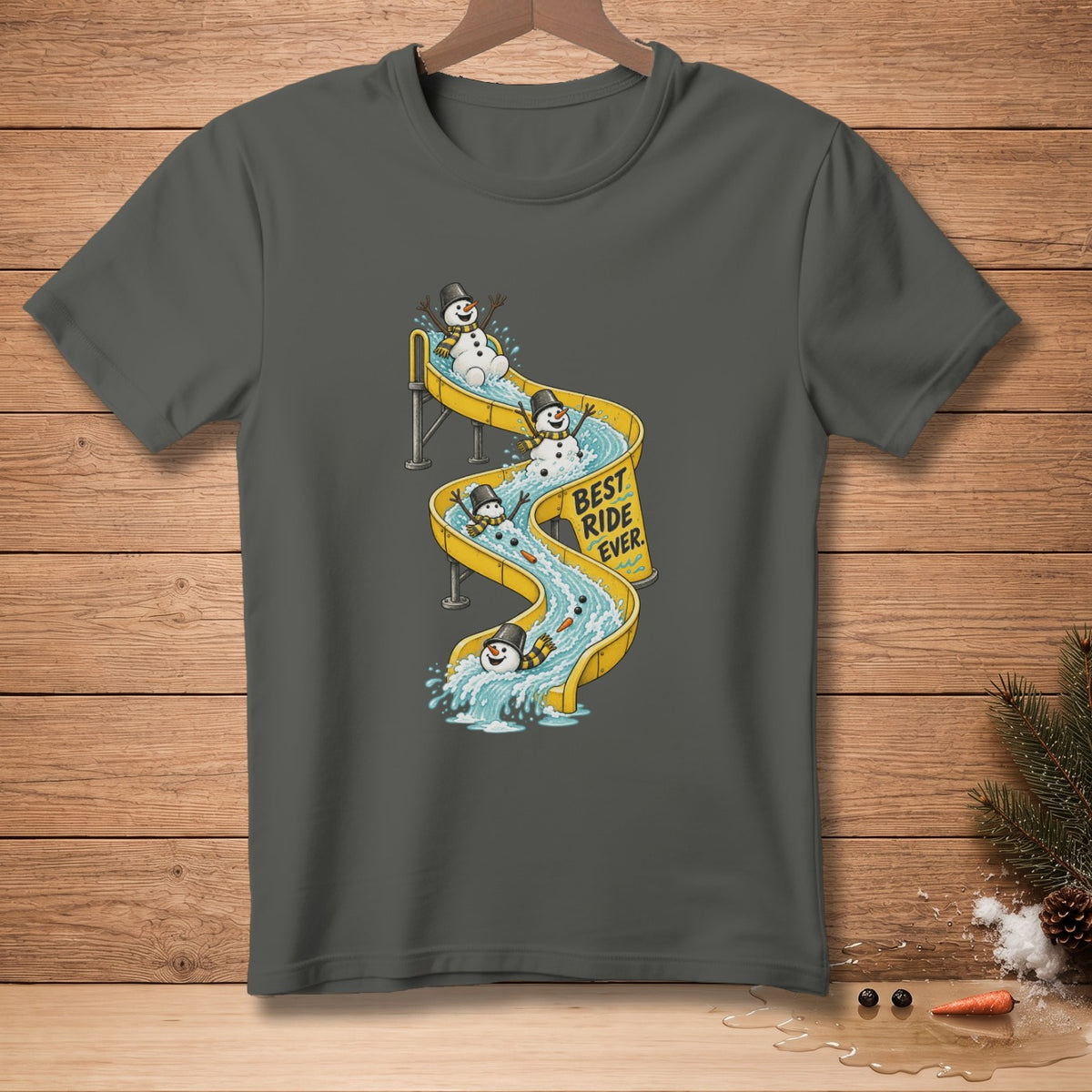 Snowmen slide down a yellow water slide with text "BEST RIDE EVER".