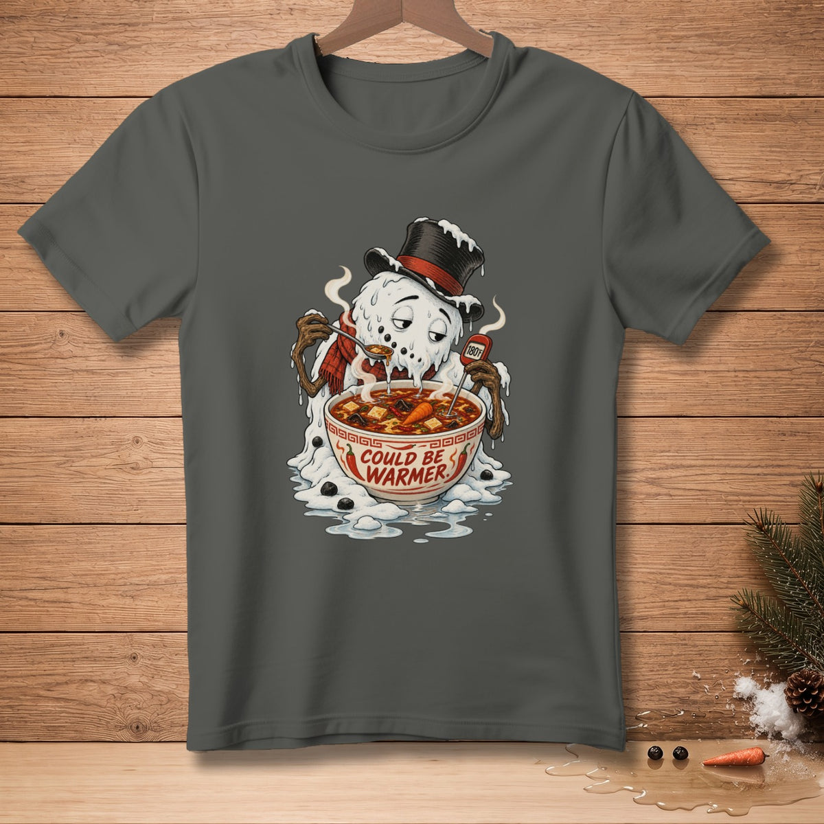 Melting snowman eating soup with "Could Be Warmer" text.