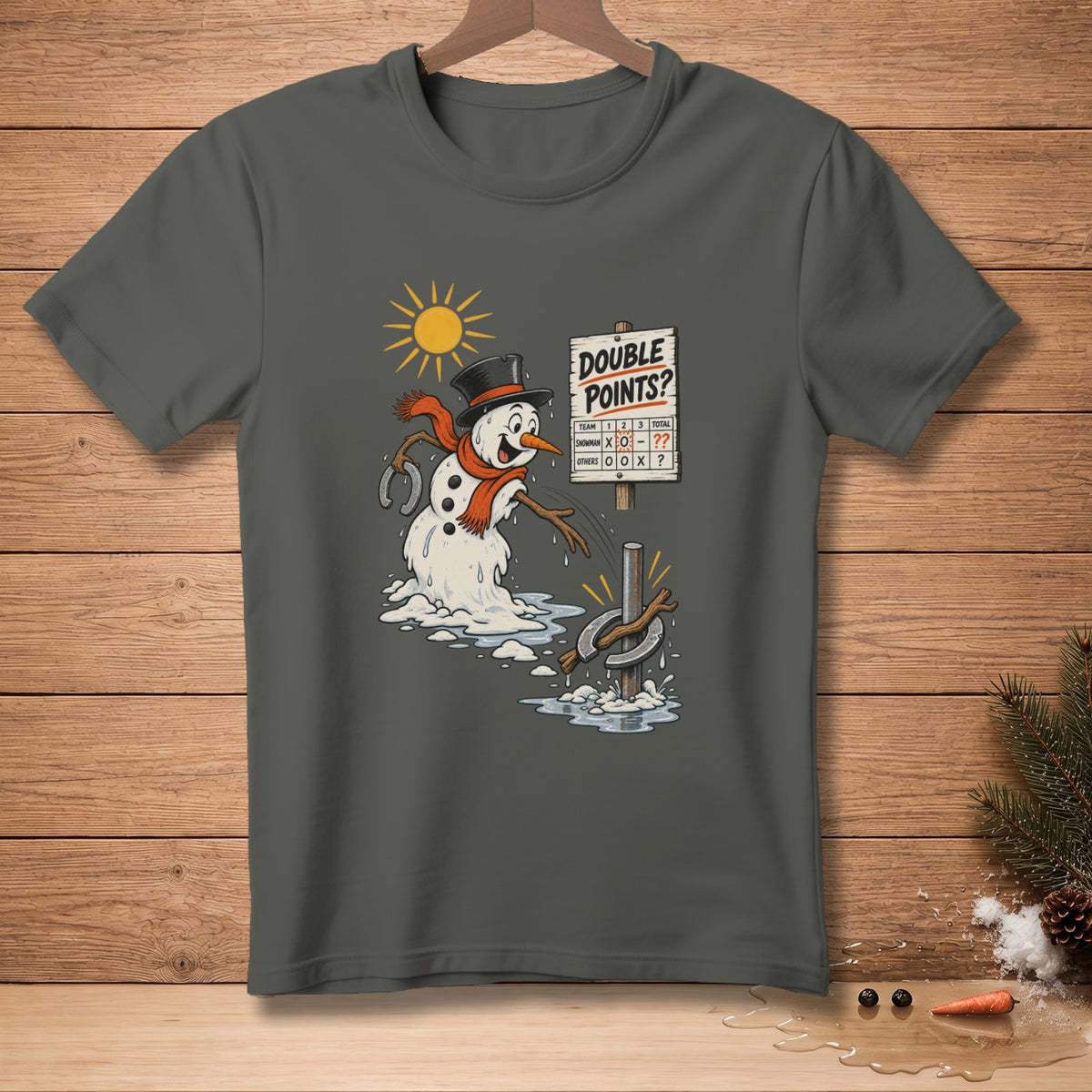 Melting snowman plays horseshoes under a sunny sky, score board reads "Double Points?".