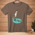 Snowman on diving board over water with carrot and bucket.