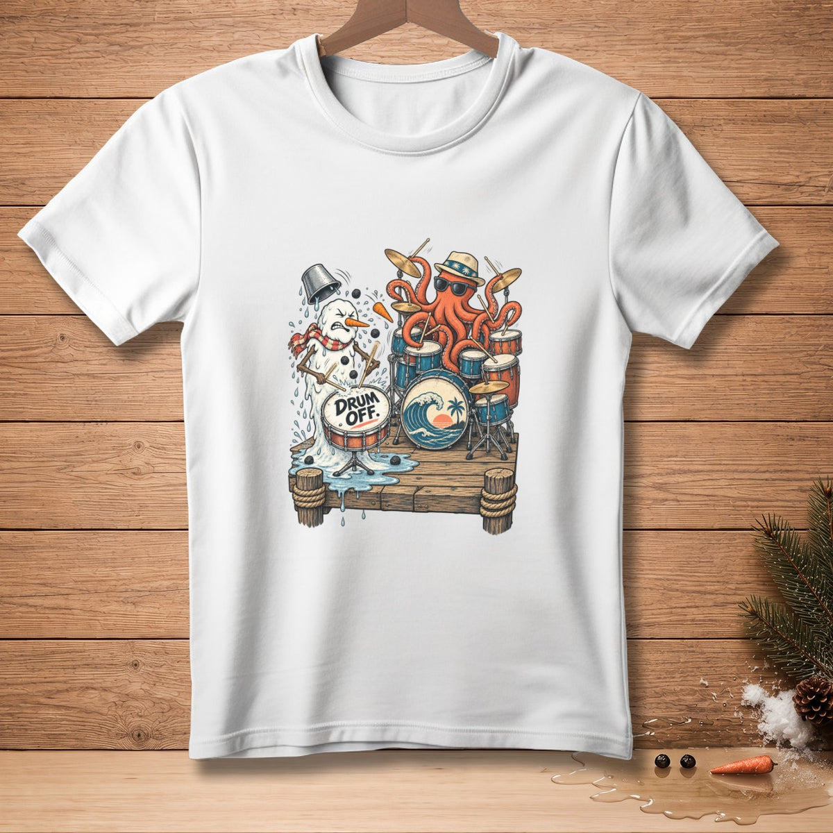 Melting snowman and octopus playing drums on a pier with text "DRUM OFF."