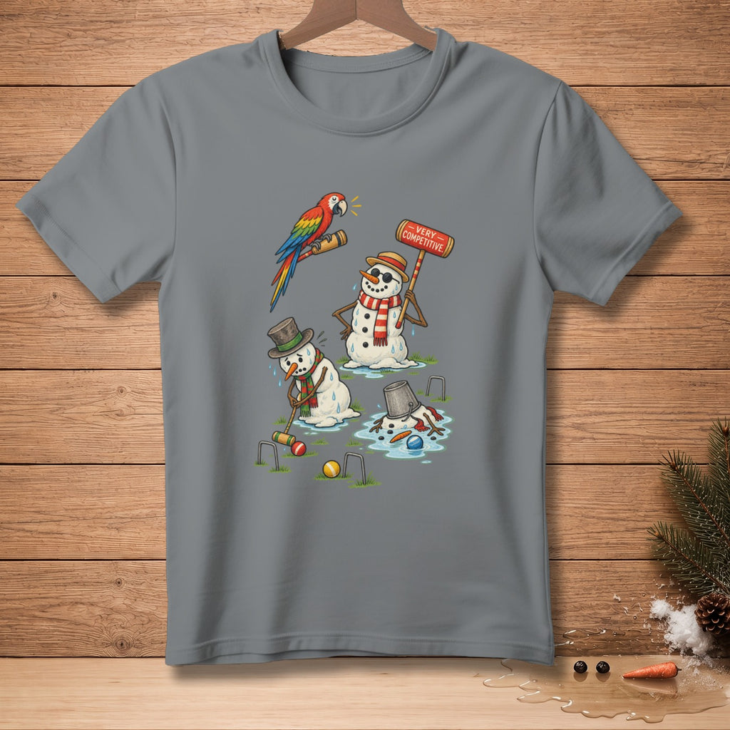 Melting snowmen play croquet under a parrot's watchful eye, with one holding a "Very Competitive" sign.
