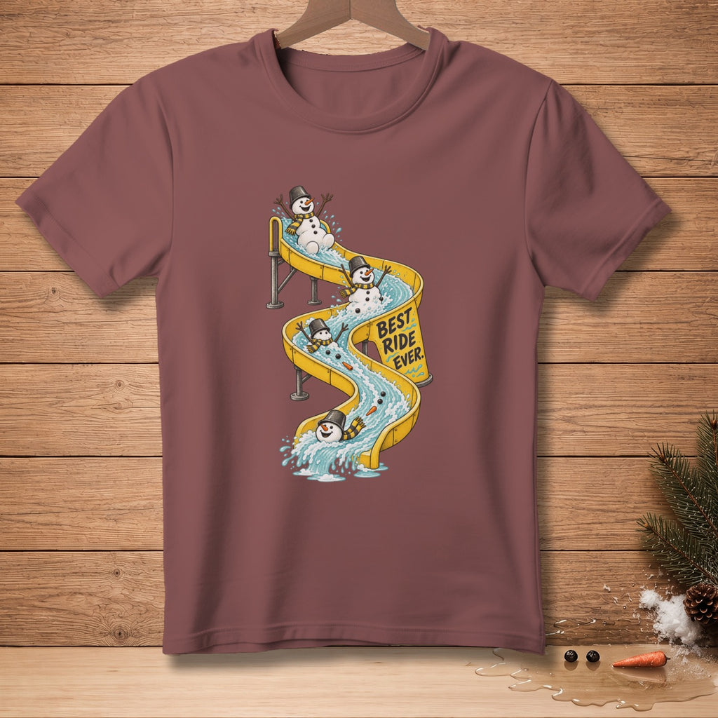 Snowmen riding a yellow slide with text "BEST RIDE EVER".