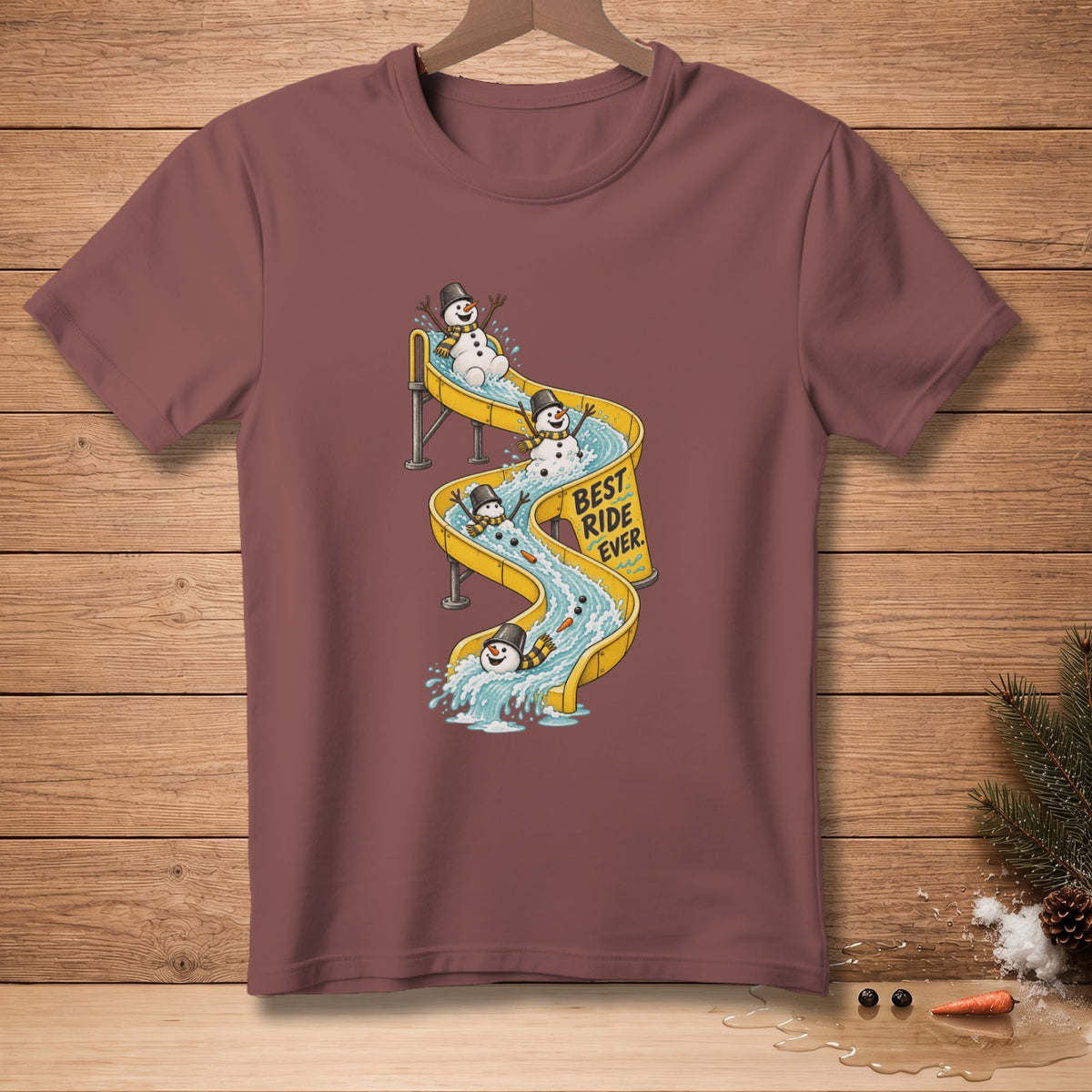 Snowmen riding a yellow slide with text "BEST RIDE EVER".