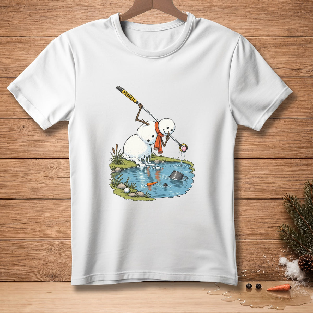 Snowman fishing with a golf club that says "Found It."