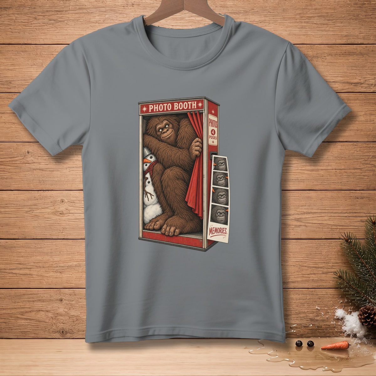 Bigfoot in a photo booth with snowmen and photo strips labeled "Memories."