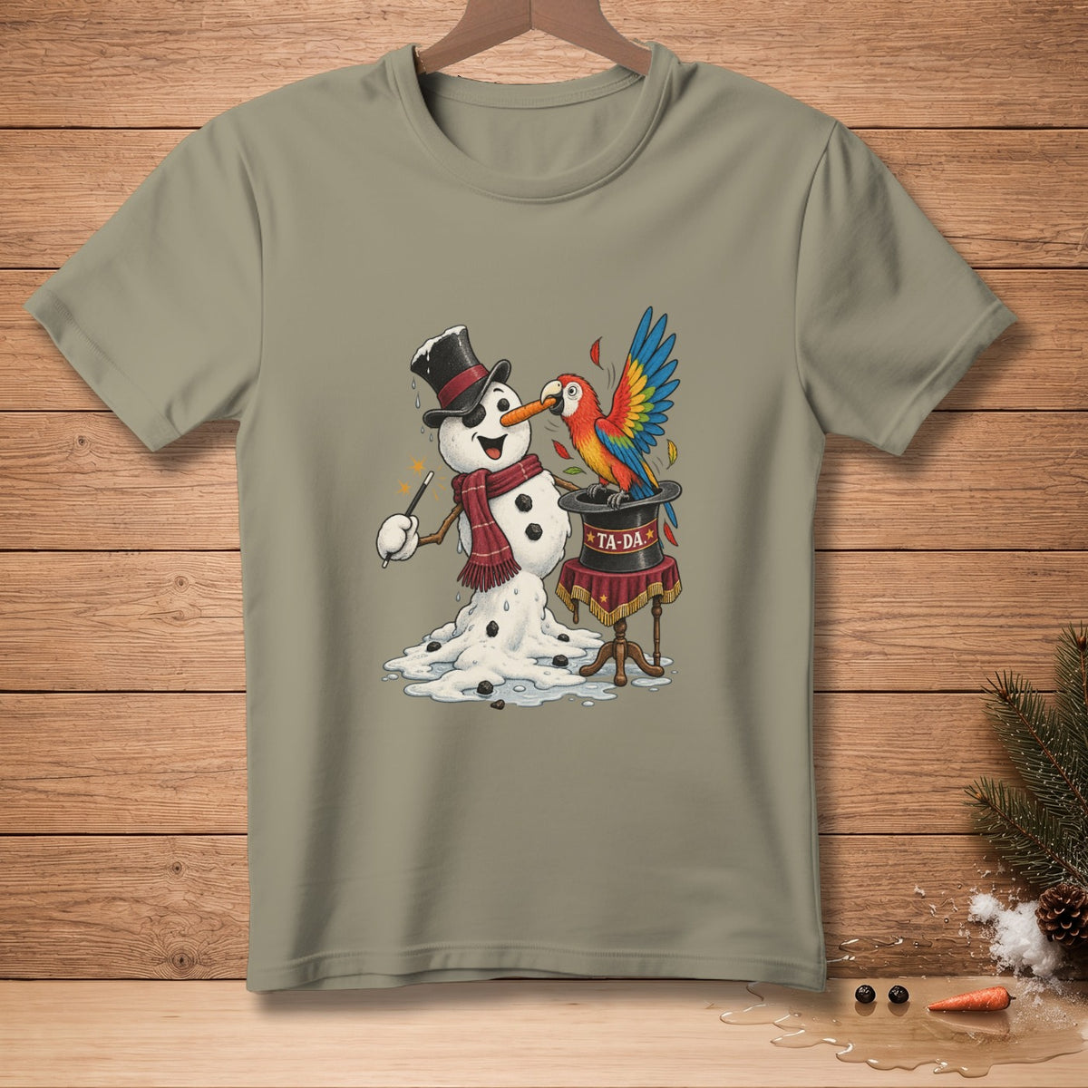 Snowman with a scarf and top hat conjures a colorful parrot from a hat.