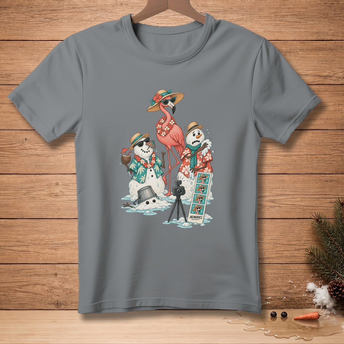 Snowmen and flamingo taking vacation photos with a camera and a "Memories" photo strip.