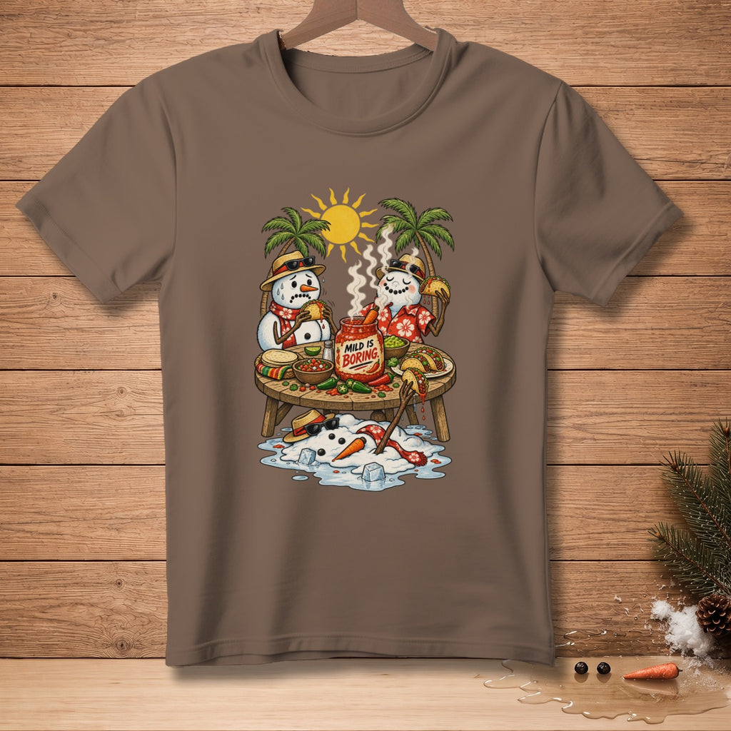 Two melting snowmen eat tacos under palm trees with a jar labeled "Mild is Boring."