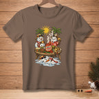 Two melting snowmen eat tacos under palm trees with a jar labeled "Mild is Boring."