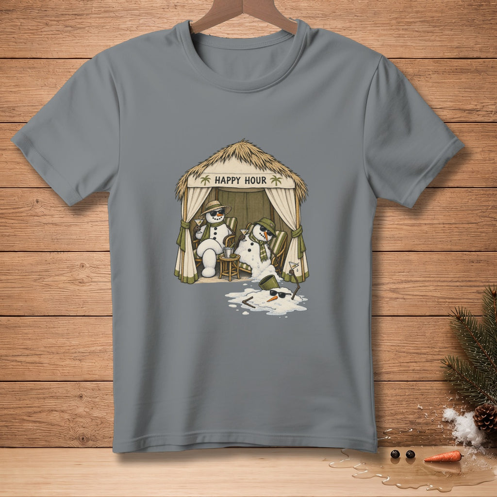 Snowmen enjoying drinks under a hut with "Happy Hour" text.