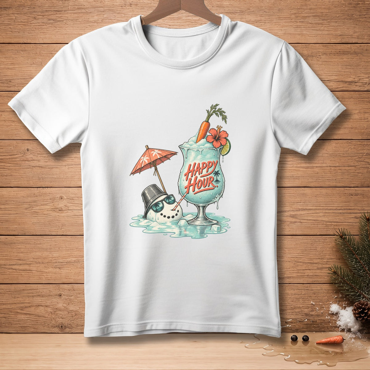 White t-shirt with melting snowman and "Happy Hour" tropical drink graphic.