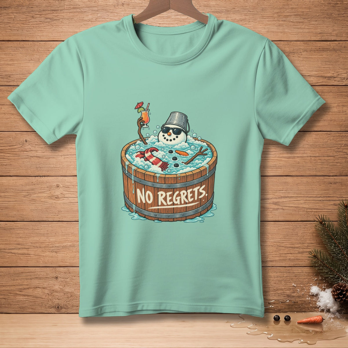 Snowman in a hot tub with sunglasses and drink, text "NO REGRETS".