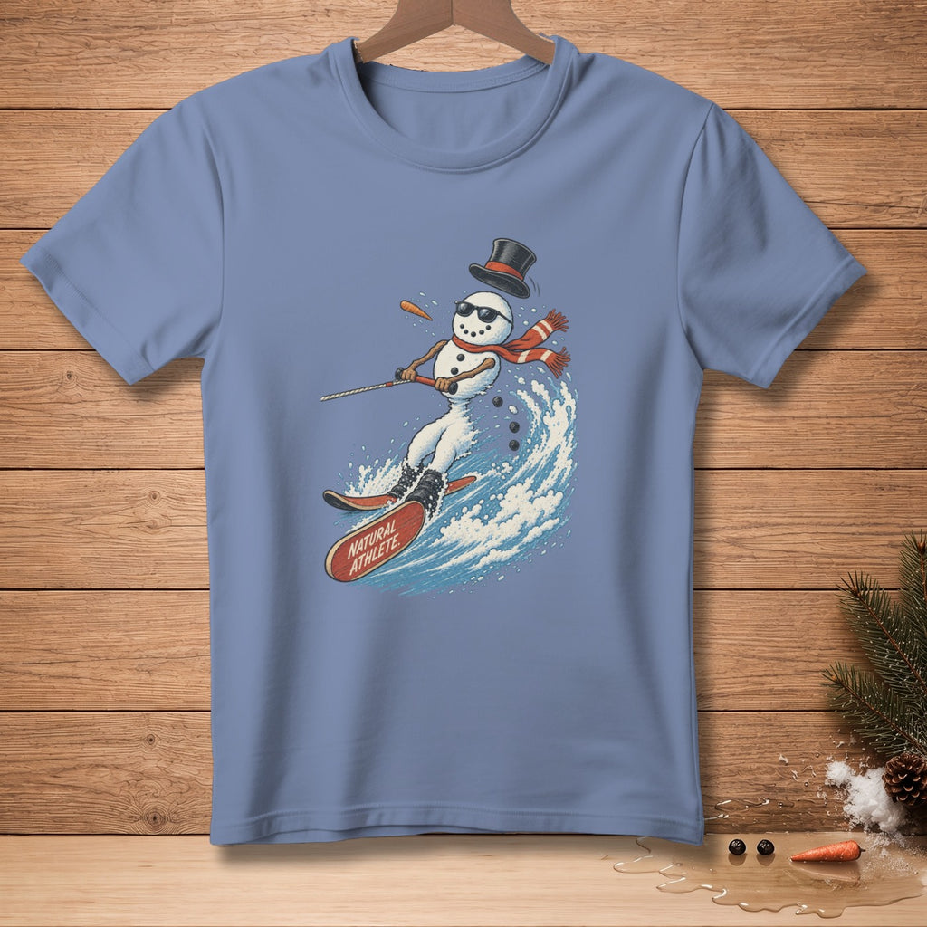 Snowman in top hat and scarf water skis with "Natural Athlete" text on skis.