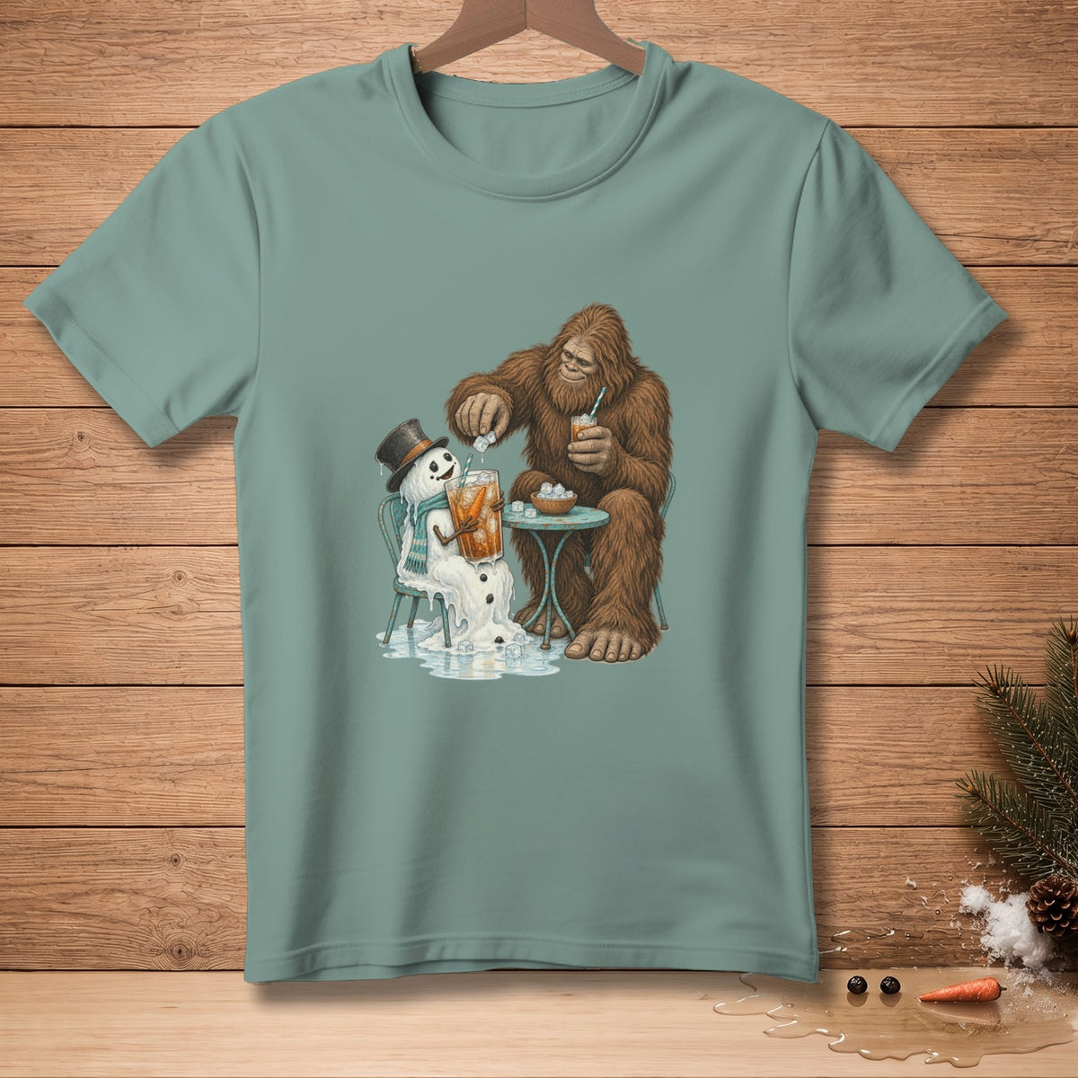 Bigfoot pours ice into a melting snowman's drink at a table.