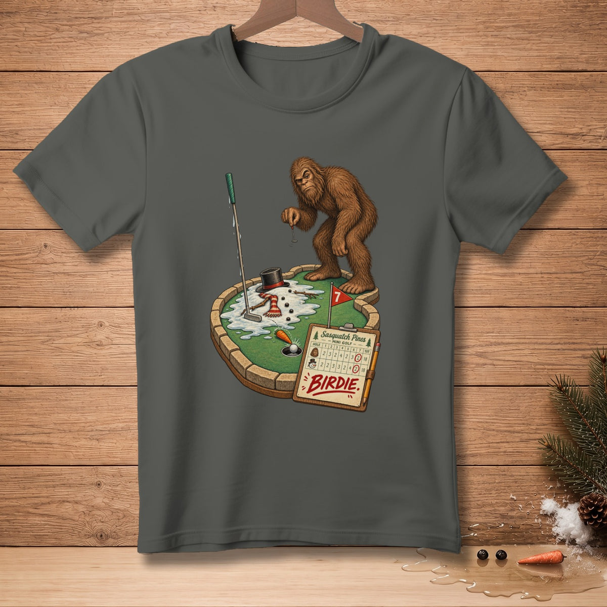 Bigfoot plays mini golf at Sasquatch Pines, with a snowman and scorecard.