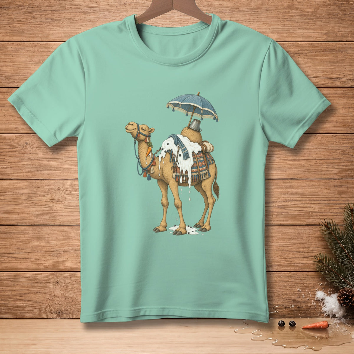 Illustration of a camel with ice cream and an umbrella, on a mint green t-shirt.