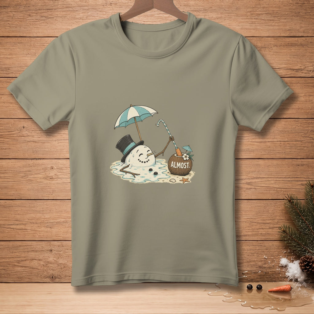 Melting snowman with umbrella and coconut drink, text "ALMOST".