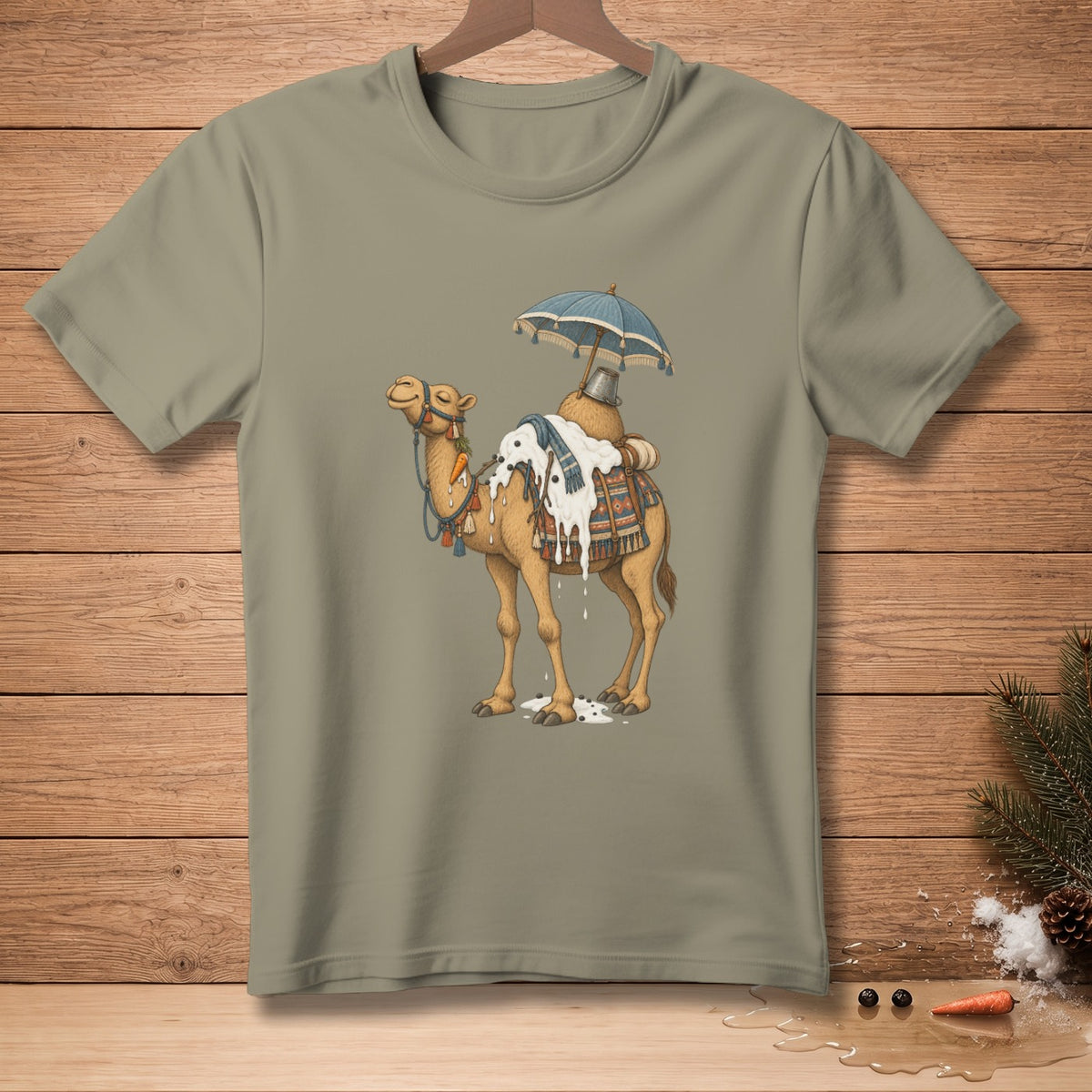 Camel with dripping ice cream and a blue umbrella on a t-shirt.