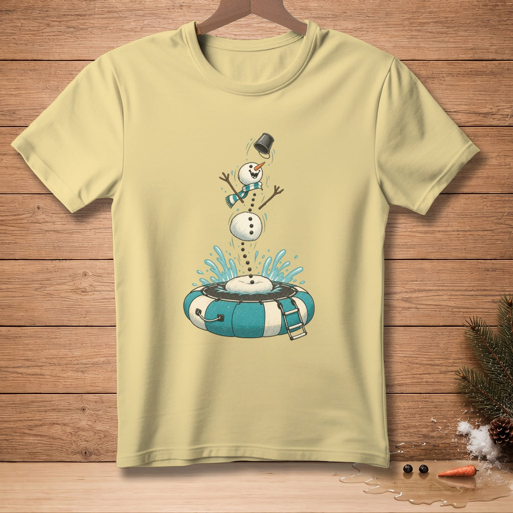 Yellow t-shirt with a cartoon snowman falling into a blue and white inner tube.