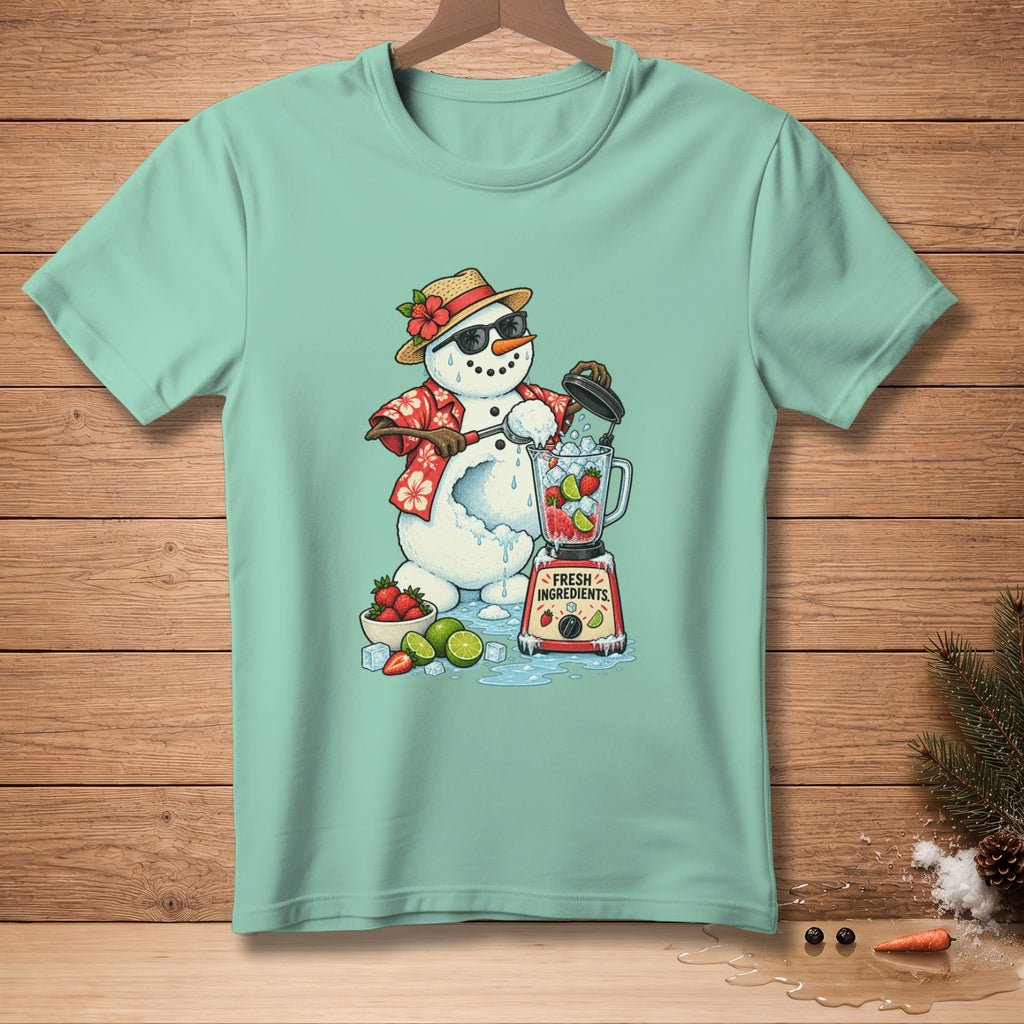 Snowman in Hawaiian shirt and sunglasses blending strawberries and limes, with "Fresh Ingredients" on blender.