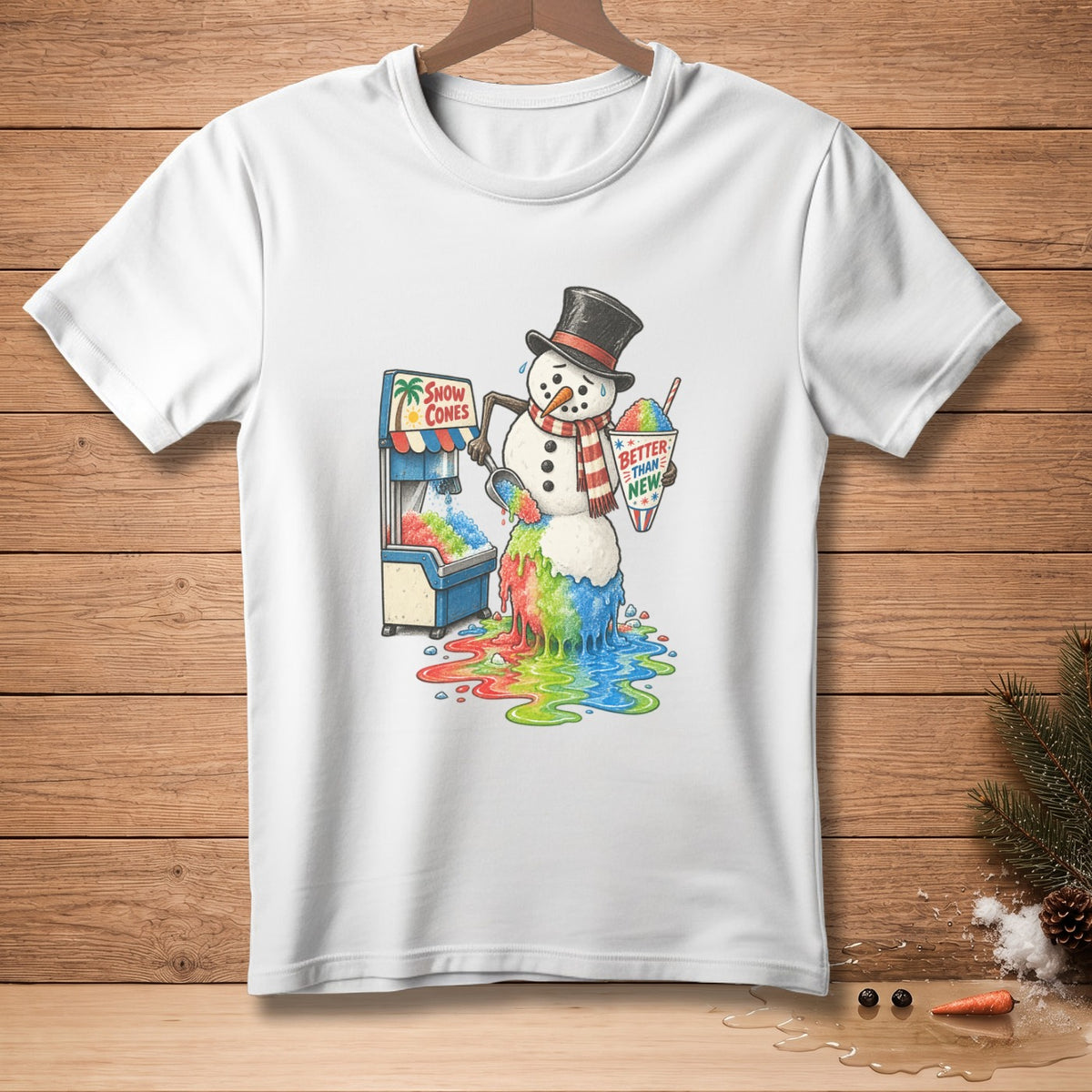 Snowman melts by a snow cone machine, holding a cup that says "Better Than New".
